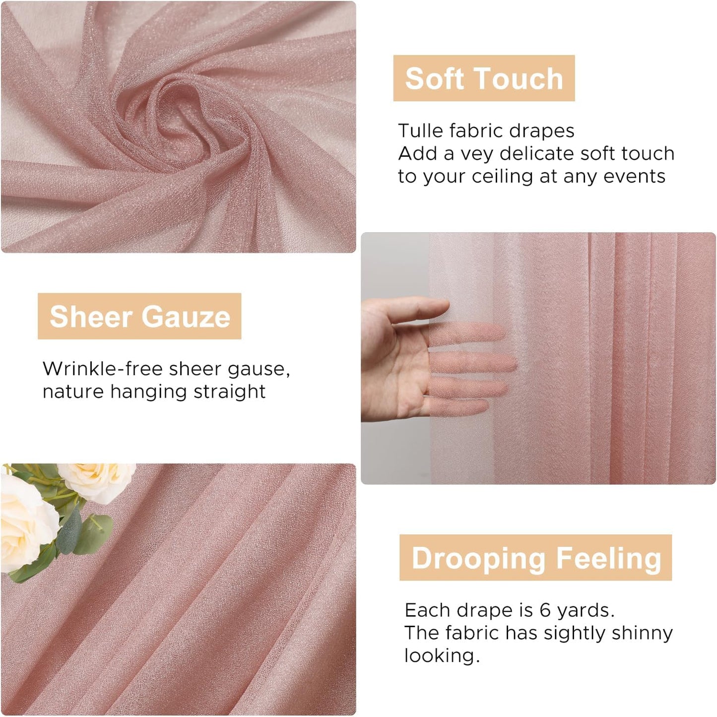 Wokceer Dusty Rose Wedding Arch Draping Fabric Backdrop 3 Panels 28.7" X 20FT Sheer Drapes Fabric for Wedding Arbor Ceremony Party