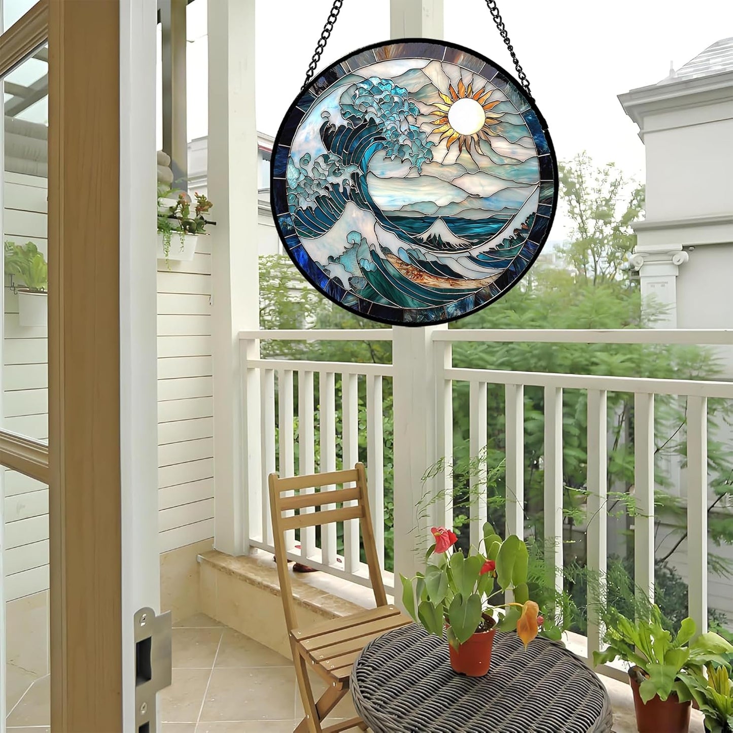 Stained Glass Window Hanging - White Sun Big Wave Suncatcher for Door Terrace Garden Home Decor Blue Ocean Landscape Sun Catcher Birthday Gifts for Lovers Women Men Dad Mom Nana 7.8 in