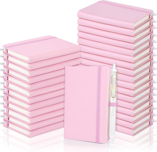 Aodaer 50 Sets Pocket Notebook Journal with Pens, 160 Pages, 3.5 x 5.5 Inch Mini Lined Journal Notebook A6 Leather Hardcover College Ruled Notepad with Pen Holder for School Office Gifts, Pink