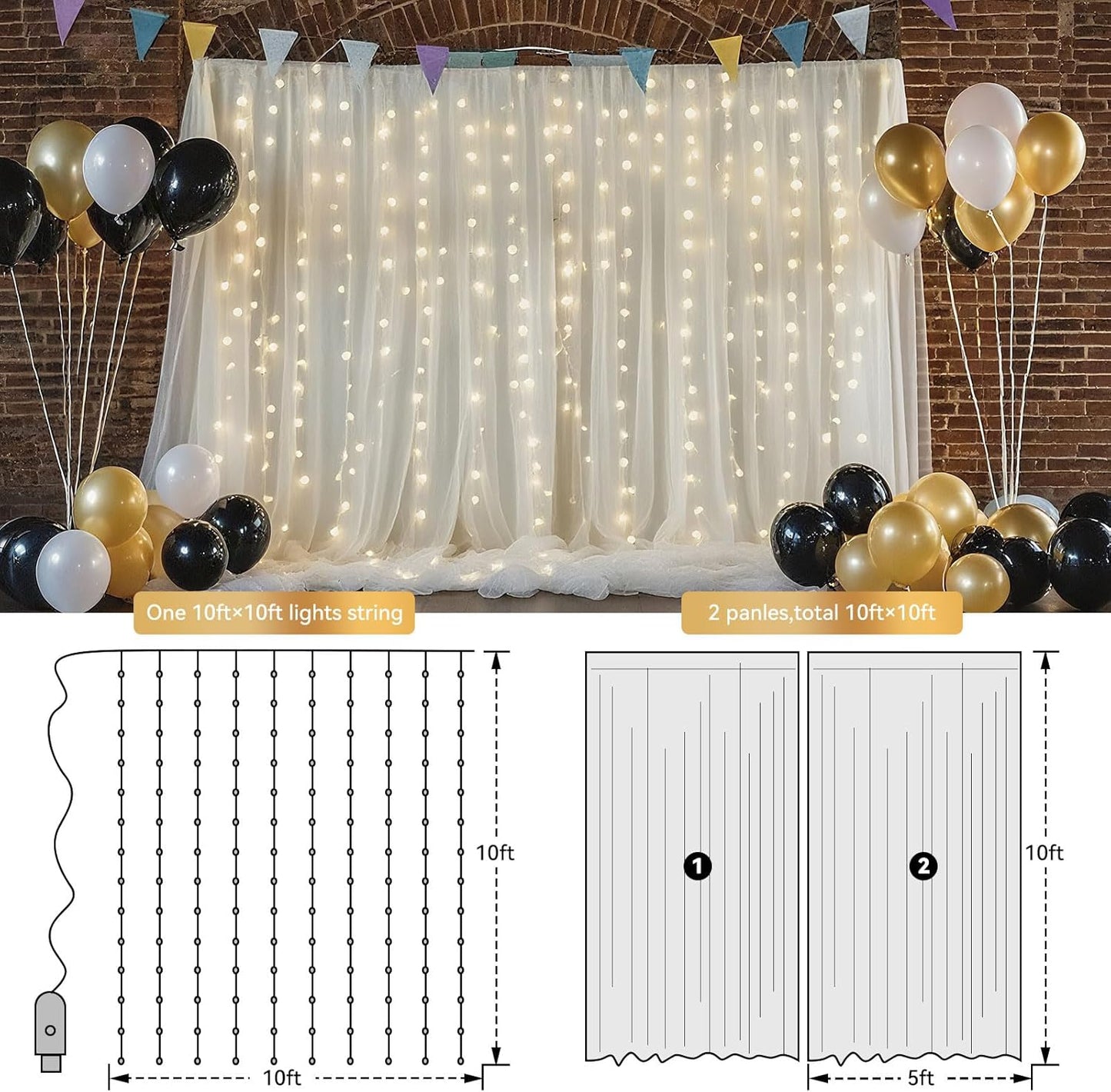10×8ft Tulle Backdrop Curtains with Lights String - 300LED Fairy Lights Sheer Curtain Backdrop for Weddings Baby Shower and Birthday Party Decorations(2 Panels 5×8ft)