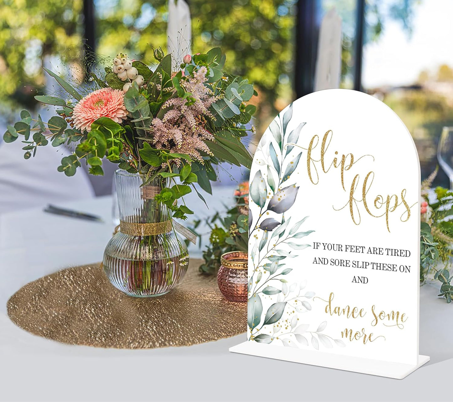 Acrylic Wedding Signs, Greenery Theme Flip Flops Sign, Wedding Reception Signage, Bridal Shower Table Decor with Stand, Engagement, Anniversary, Newlywed Events Supplies for Dance Floor Decor, 13