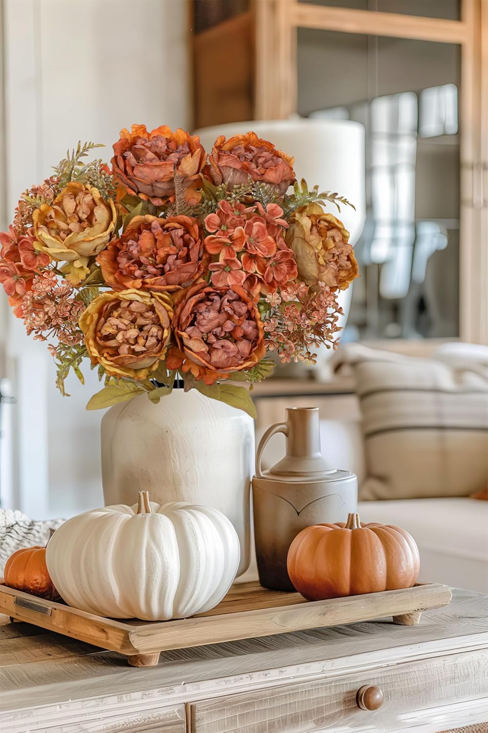 Hollyone 2Pcs Artificial Fall Flowers Bouquet 18.8" Burnt Orange Dried Peony Hydrangea Fake Fall Floral Silk Flowers Faux Flower Arrangement for Home Wedding Table Centerpiece Thanksgiving Party Decor