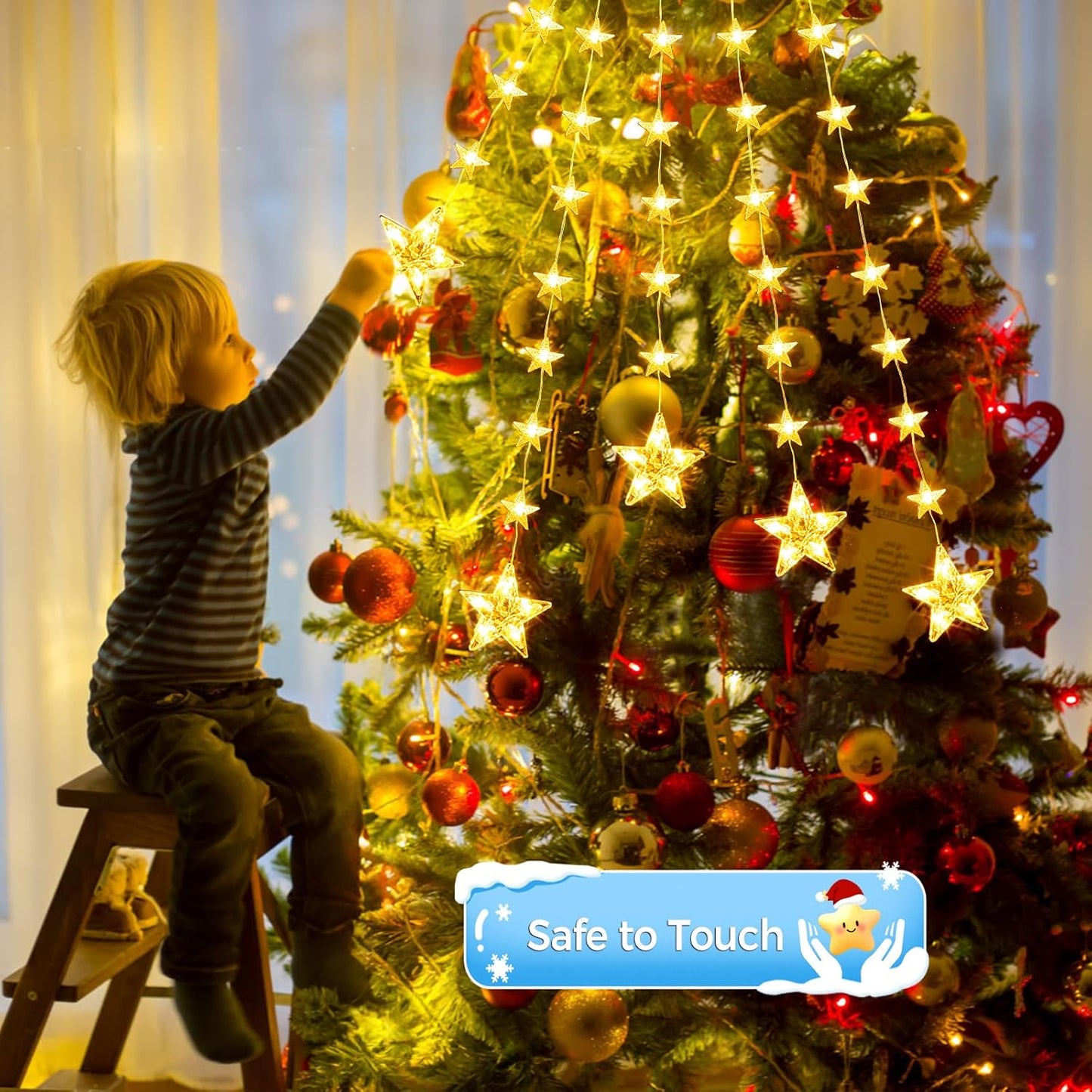 32 Stars Christmas Window Lights, IP65 Waterproof 52 LEDs Twinkle Star Fairy String Lights with 8 Modes Timer, Warm White & Multicolor, Battery Operated Hanging Xmas Star Decoration for Indoor Outdoor