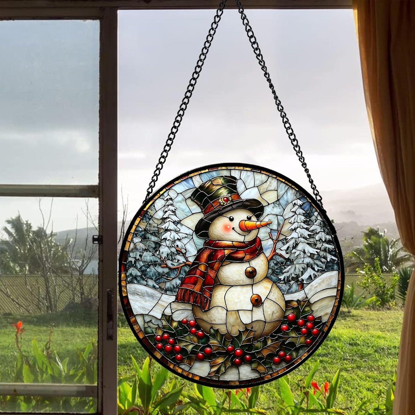 Stained Glass Window Hanging - Christmas Snowman Suncatcher for Door Terrace Garden Home Decor Winter Forest Snow Sun Catcher Birthday Gifts for Lovers Women Men Dad Mom Nana 7.8 in