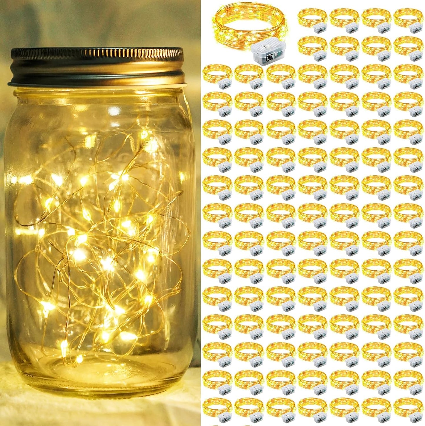 100 Pack Fairy Lights 7Ft 20 LED Twinkle String Lights 3 Modes Battery Operated Waterproof Firefly Starry for Mason Jar Party Wedding Christmas Valentines Day Table Centerpieces,Warm White