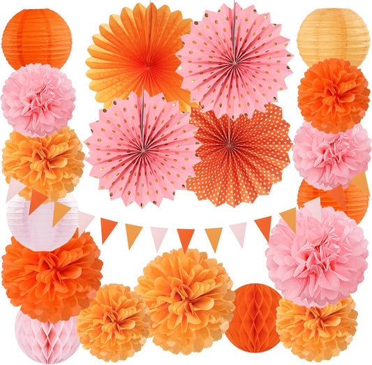 Pink-Orange Groovy Party-Decorations - 20pcs Fall Autumn Thanksgiving Harvest Paper Streamers Lanterns Fans,Tissue Pom Poms,Honeycomb Balls,Bunting,Birthday Baby Bridal Shower Wedding Decor Burgleda