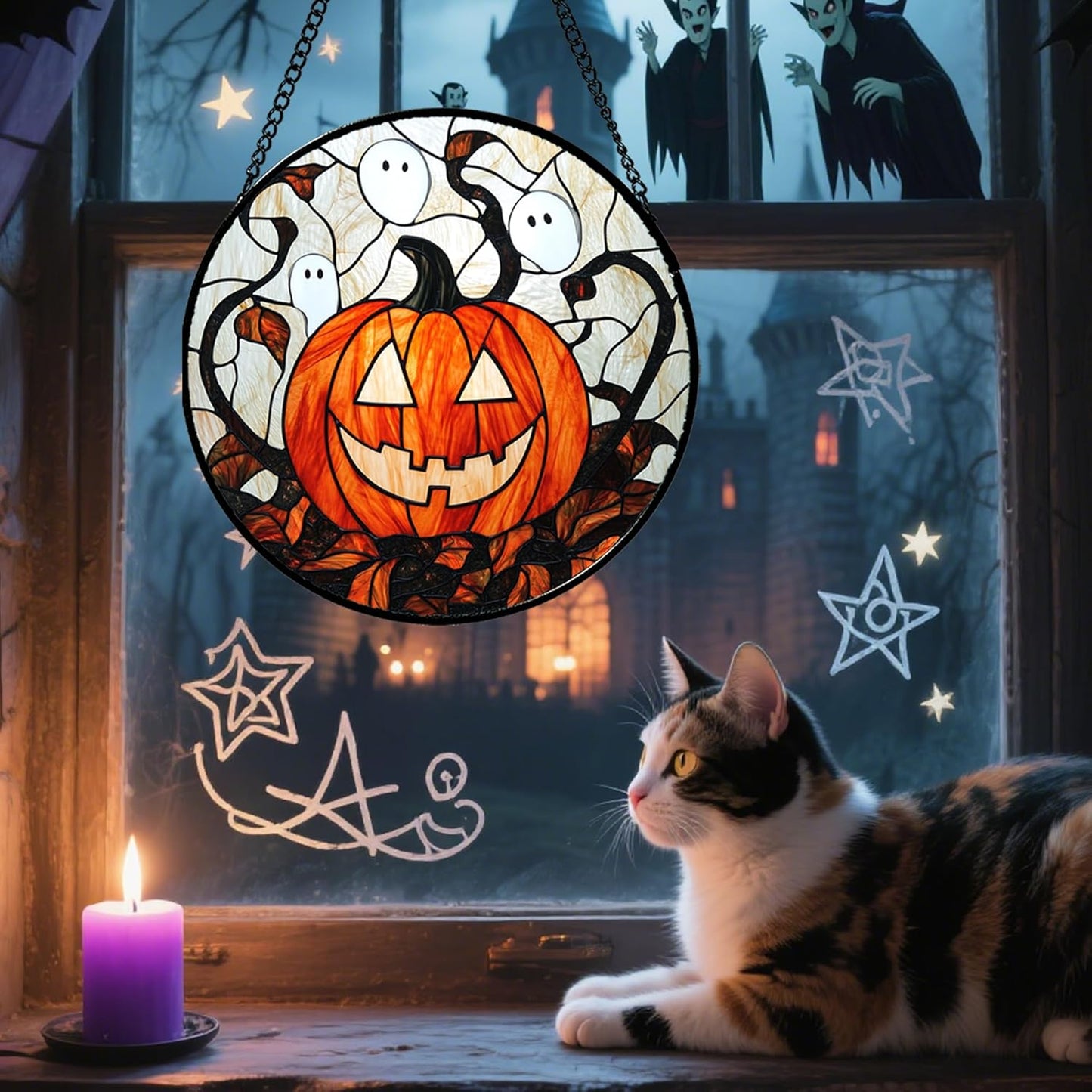 Stained Glass Window Hanging - Halloween Decorations Pumpkin Ghost Suncatcher for Doors Garden Indoor Spooky Funny Orange Sun Catchers Gothic Decor Horror Gifts for Women Men Friend 6.3 in