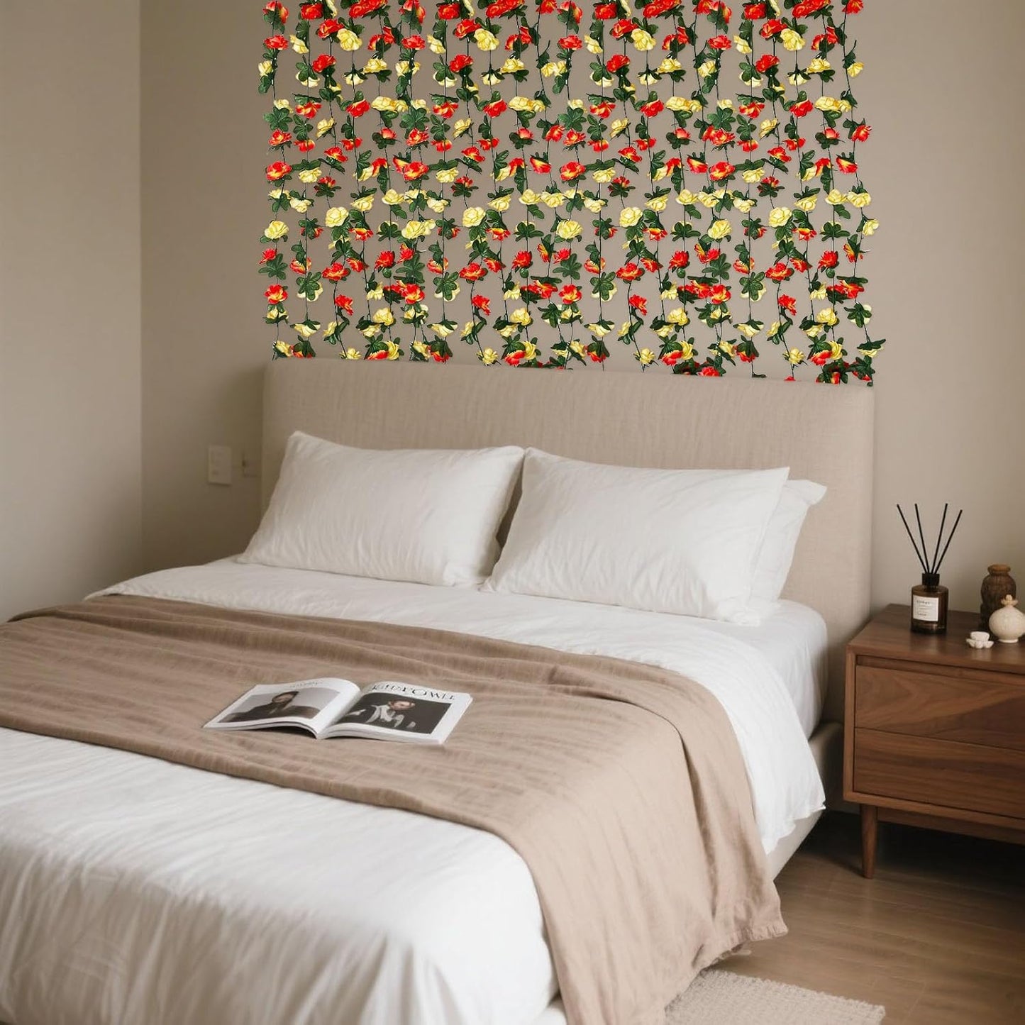 16Pcs 126Ft Pink&Yellow Rose Garland, Fake Rose Hanging Flowers, Artificial Flower Vine, Hanging Floral Vine Garland for Wedding, Birthday Party, Wall Arch, Halloween, Christmas Garden Backdrop Decor