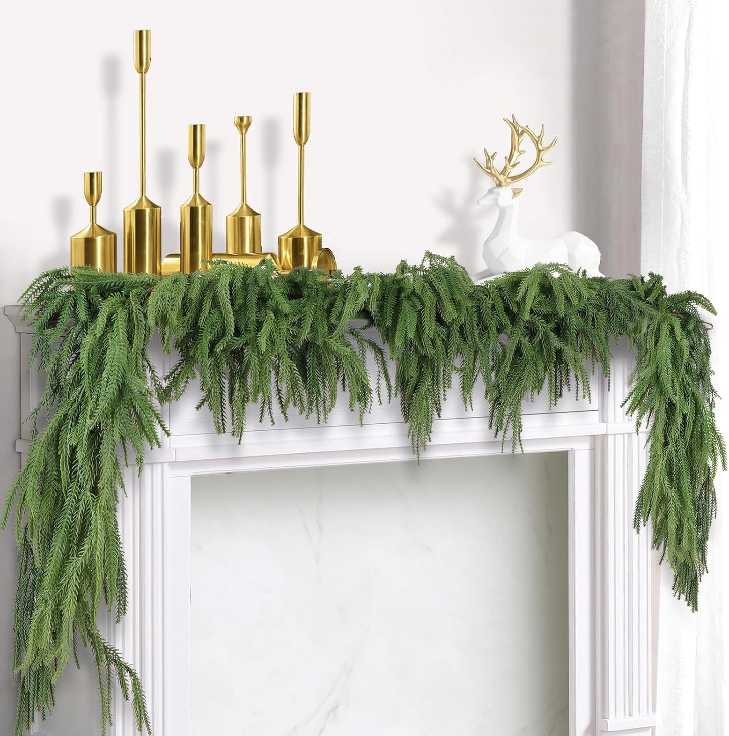2 Pack Christmas Norfolk Pine Garlands 9FT, Real Touch Artificial Greenery Garland – Full Evergreen Pine Garland for Mantle, Fireplace, Table, Wall, Stairs & Outdoor Holiday Décor