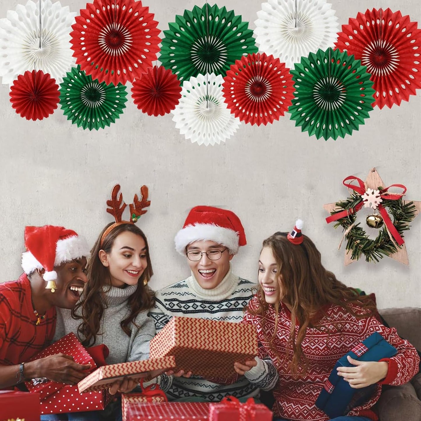 BEISHIDA Red Green White Hanging Tissue Honeycomb Round Paper Fans Decor Kit for Christmas Birthday Girl Kid Shower Bachelorette Wedding Backdrops Anniversary Party Supplies（11 Packs）