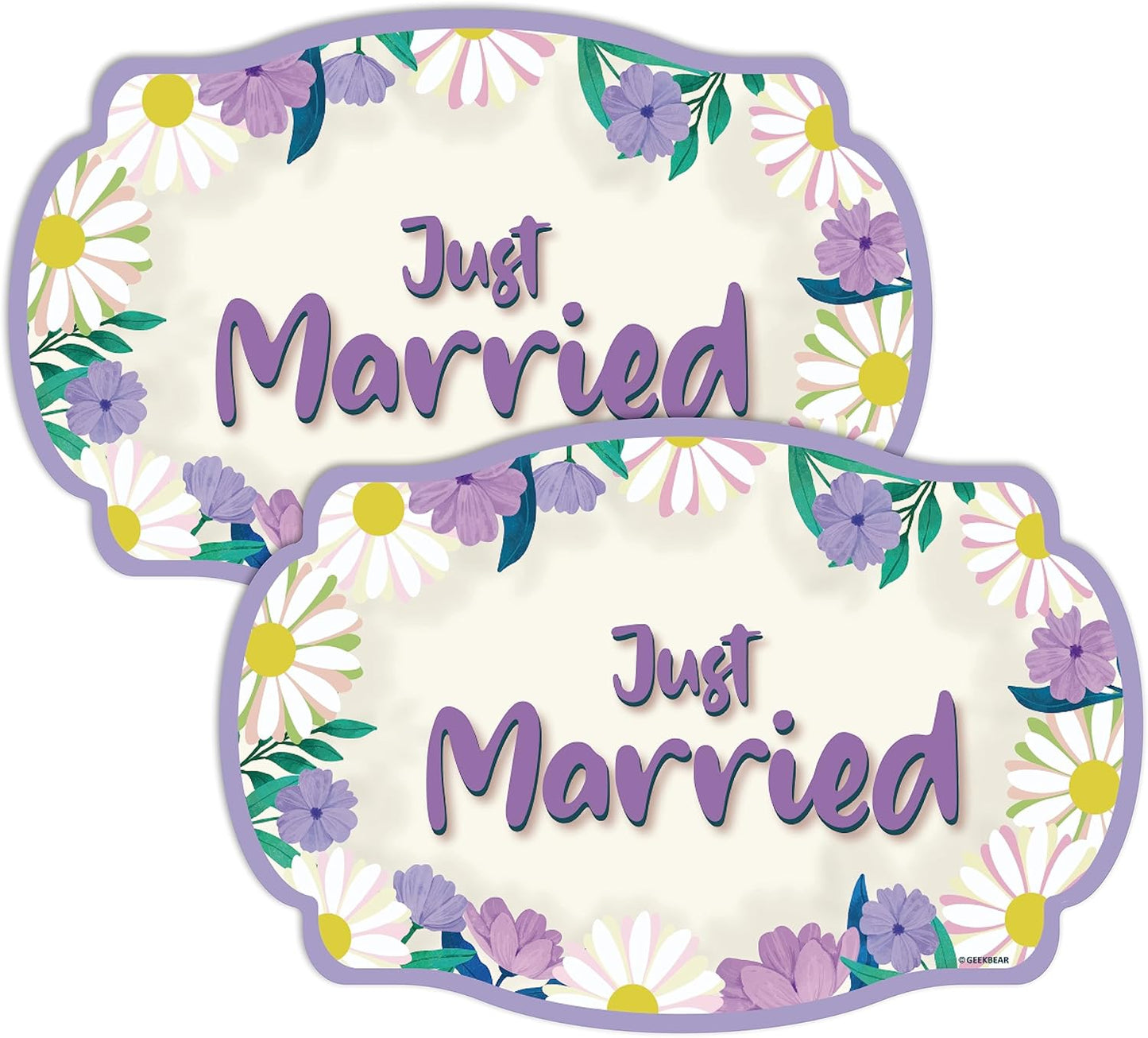 GEEKBEAR Just Got Married Car Magnet (2 Pack) - 13 x 8.7 in (Purple Daisy)