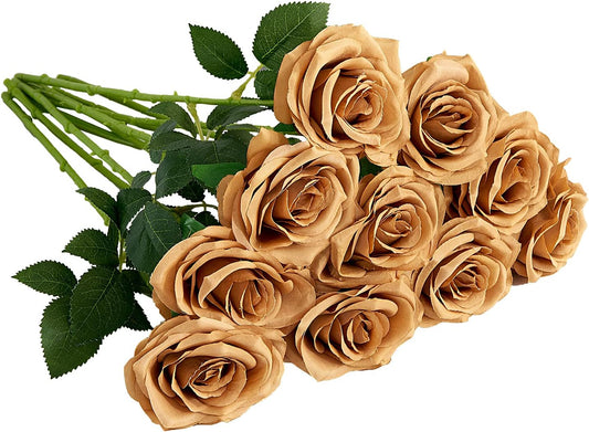 Artificial Rose 10pcs Open Flower Bouquet Faux Rose Stems for Wedding Arrangement, Bridal Bouquet, Centerpiece, Fake Faux Silk Flowers (Toffee)