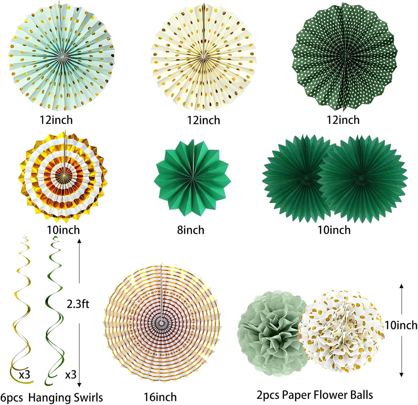 Paper Fans Party Decorations Glitter Green Gold Paper Triangle Flag Banner Tassel Garland Circle Banners Party Supplies for Bachelorette, Birthday, Bridal Shower Birthday Wedding Bachelorette