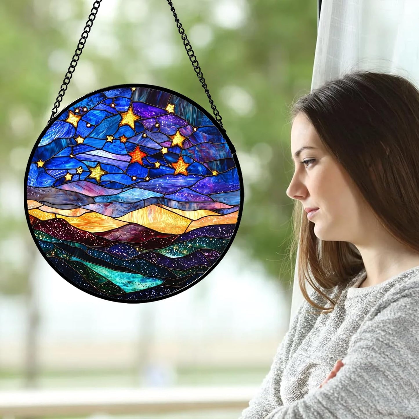 Stained Glass Window Hanging, Blue Sky Gold Stars Abstract Landscape Suncatcher for Doors Window Home Sun Catchers Decor Mother's Day Birthday Gifts for Women, Men Mom 11.8 in