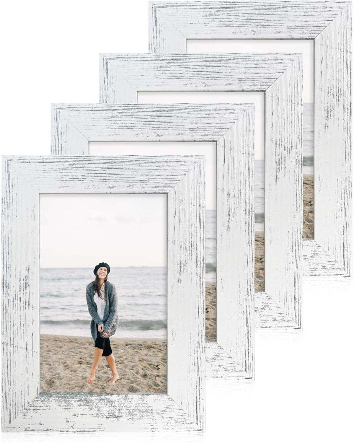 4x6 Picture Frame Set of 4, High Definition Glass Distressed White Frame, 4 x 6 Wood Photo Frames for Tabletop Display and Wall Mounting