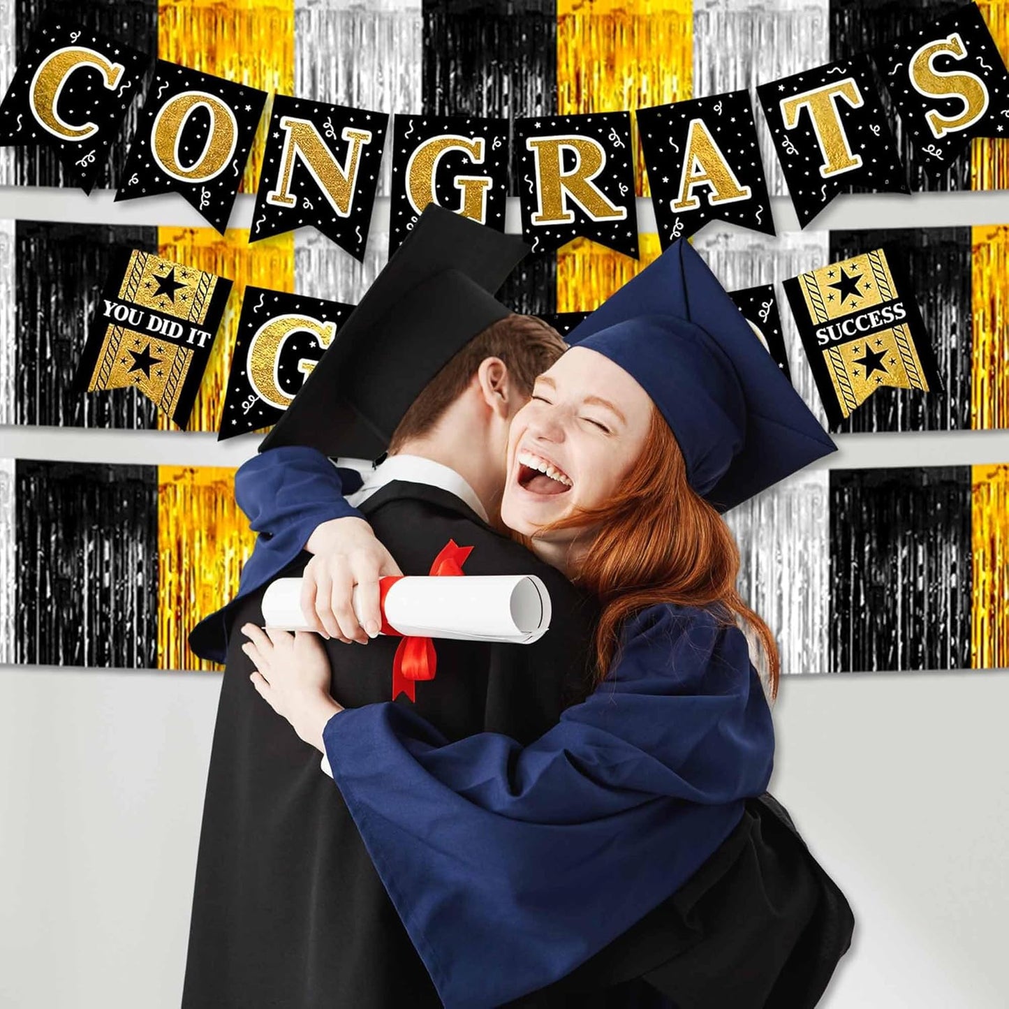 4 Pack 10 Ft Black Gold Silver Foil Fringe Garland Metallic Streamers Tinsel Banner Wall Hanging Garland Backdrop for Parade Floats, Halloween, Christmas, Thanksgiving, New Year Party Decorations