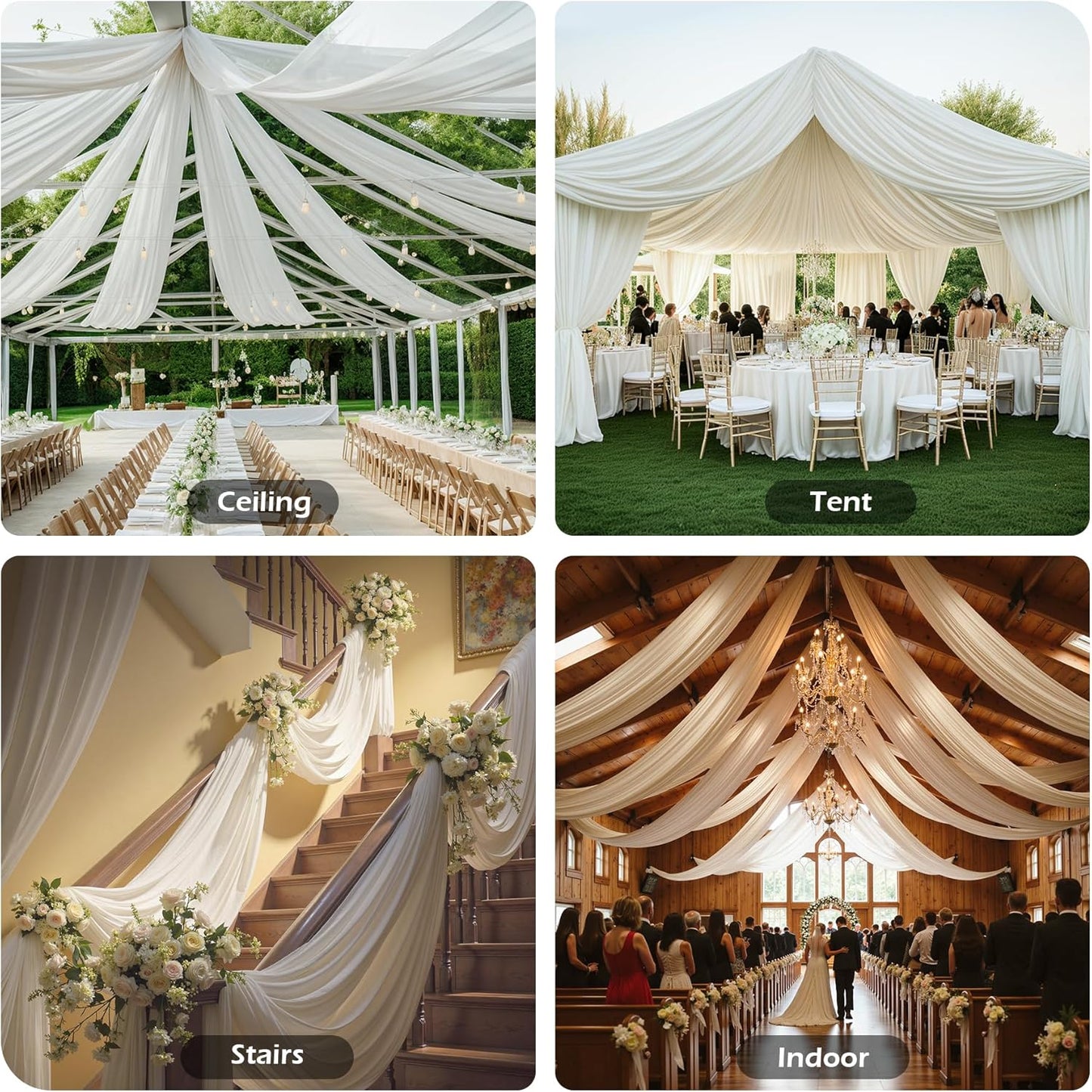 PartyVillage 10 Panels 5ftx30ft Ivory Ceiling Drapes for Wedding Parties – 30 FT Extra Long Thick Polyester Wrinkle-Free Drapery Tent Decor Decorations for Birthday Party Ceremony Stage Swag