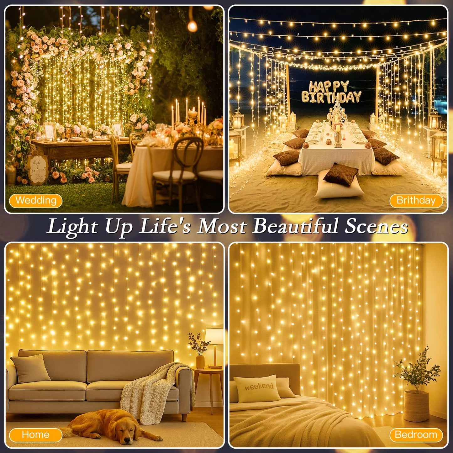 200 LED Curtain String Lights 9.8 * 6.6FT Plug in Fairy with Timer and 8 Modes, Waterproof Window Wall for Bedroom Wedding Party Indoor Outdoor Christmas Decor