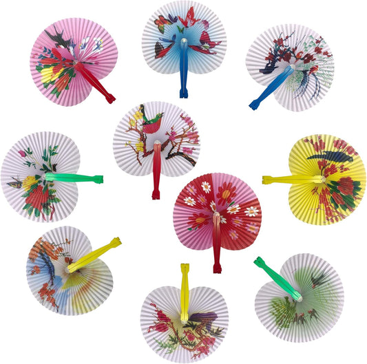 20 Pcs Folding Handheld Paper Fans Bulk Chinese Oriental Floral Wedding Round Shaped Accordion Fans Assortment with Plastic Handle for Birthday Party Favors Supplies(Colorful Handle)