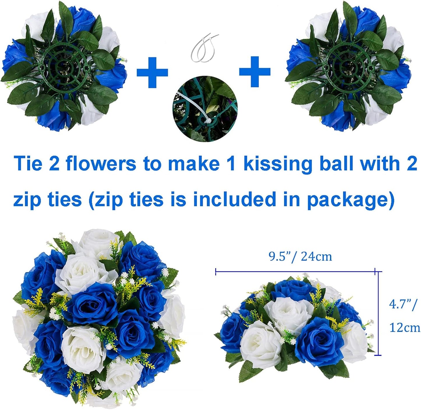 BLOSMON Rose Flowers Artificial for Decoration: 10 Pcs Royal Blue White Fake Kissing Balls for Wedding Table Centerpieces - Artificial Silk Floral Bouquet Arrangements for Home Party DIY Decor