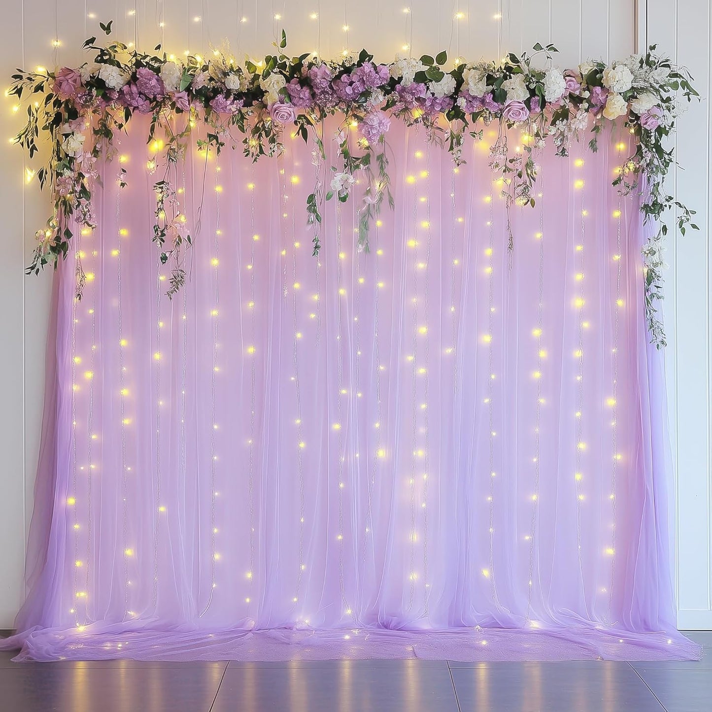 Tulle Backdrop Curtain with Lights String 10FT X 8FT Lavender Sheer Tulle Backdrop Curtains for Wedding Birthday Party Reception Photo Booth Background Decorations (2 Panels 5x8FT)