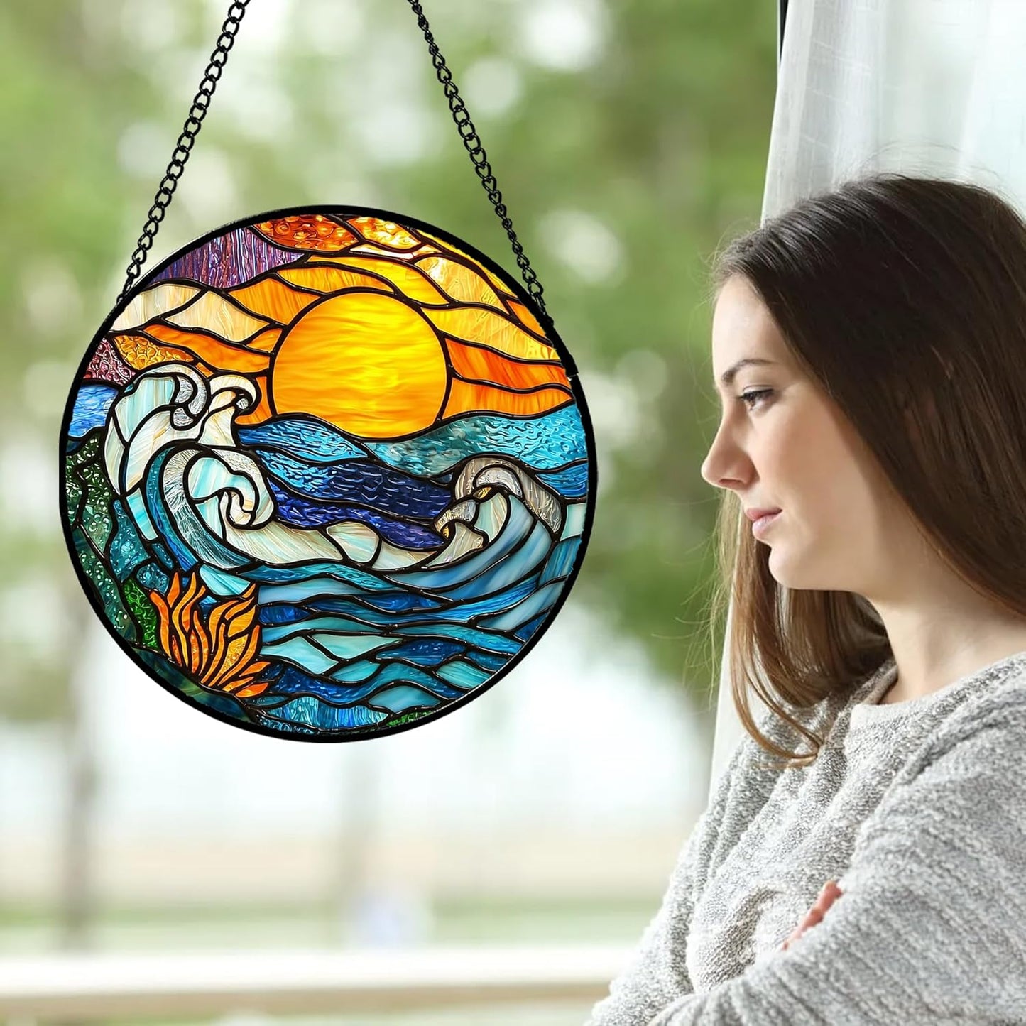 Stained Glass Window Hanging, Orange Sun Blue Sea Waves Landscape Suncatcher for Doors Window Home Sun Catchers Decor Mother's Day Birthday Gifts for Women, Men Mom 6.3 in