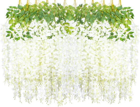 24 Pack Artificial Fake Wisteria Vine Ratta (3.75 Feet) Hanging Garland Silk Flowers String Home Party Wedding Decor (White)