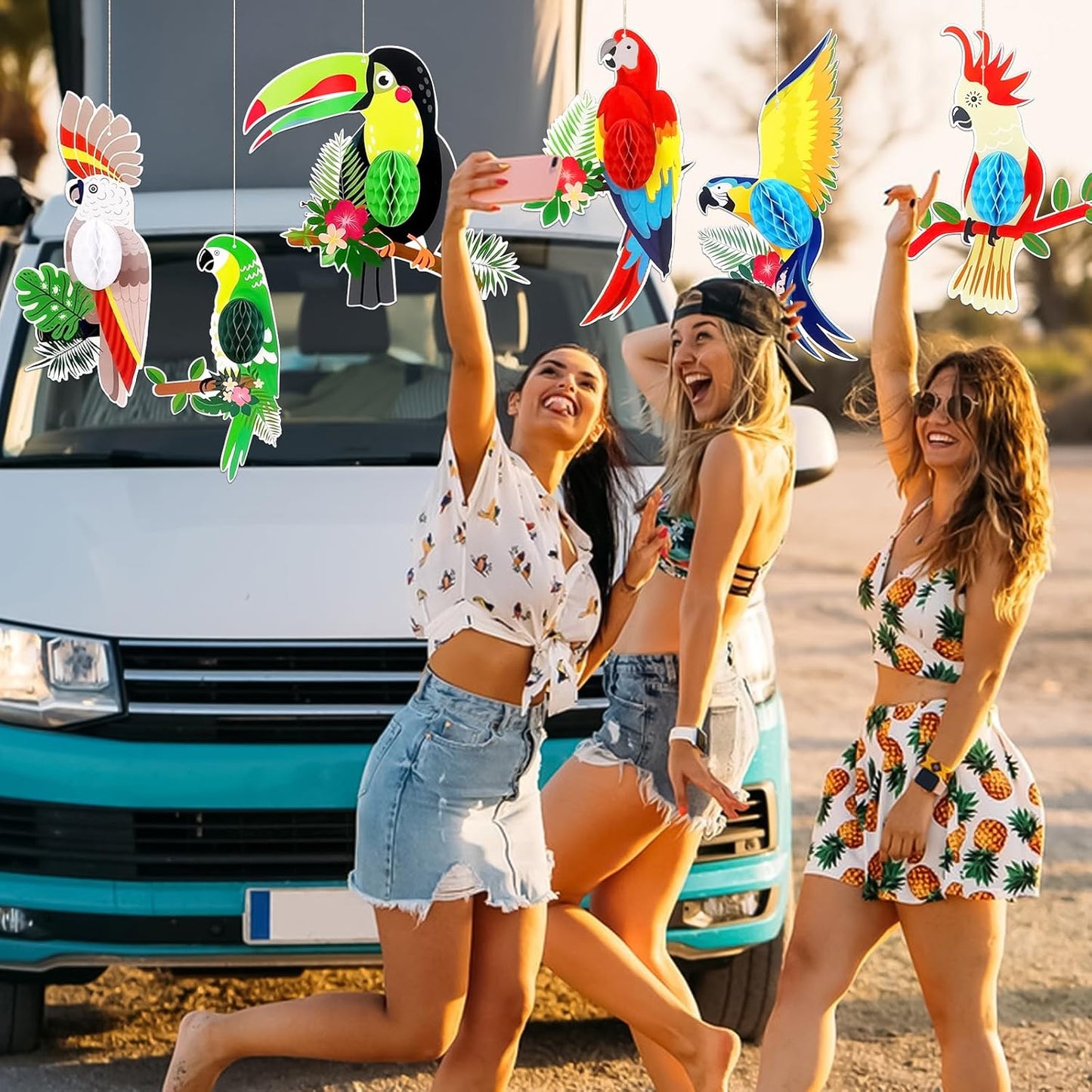 6 Pieces Tropical Birds Honeycomb Cutouts, Large Parrot Hanging Decor Parrot Honeycomb Paper Cutouts for Summer Luau Rainforest Tropical Party Decorations