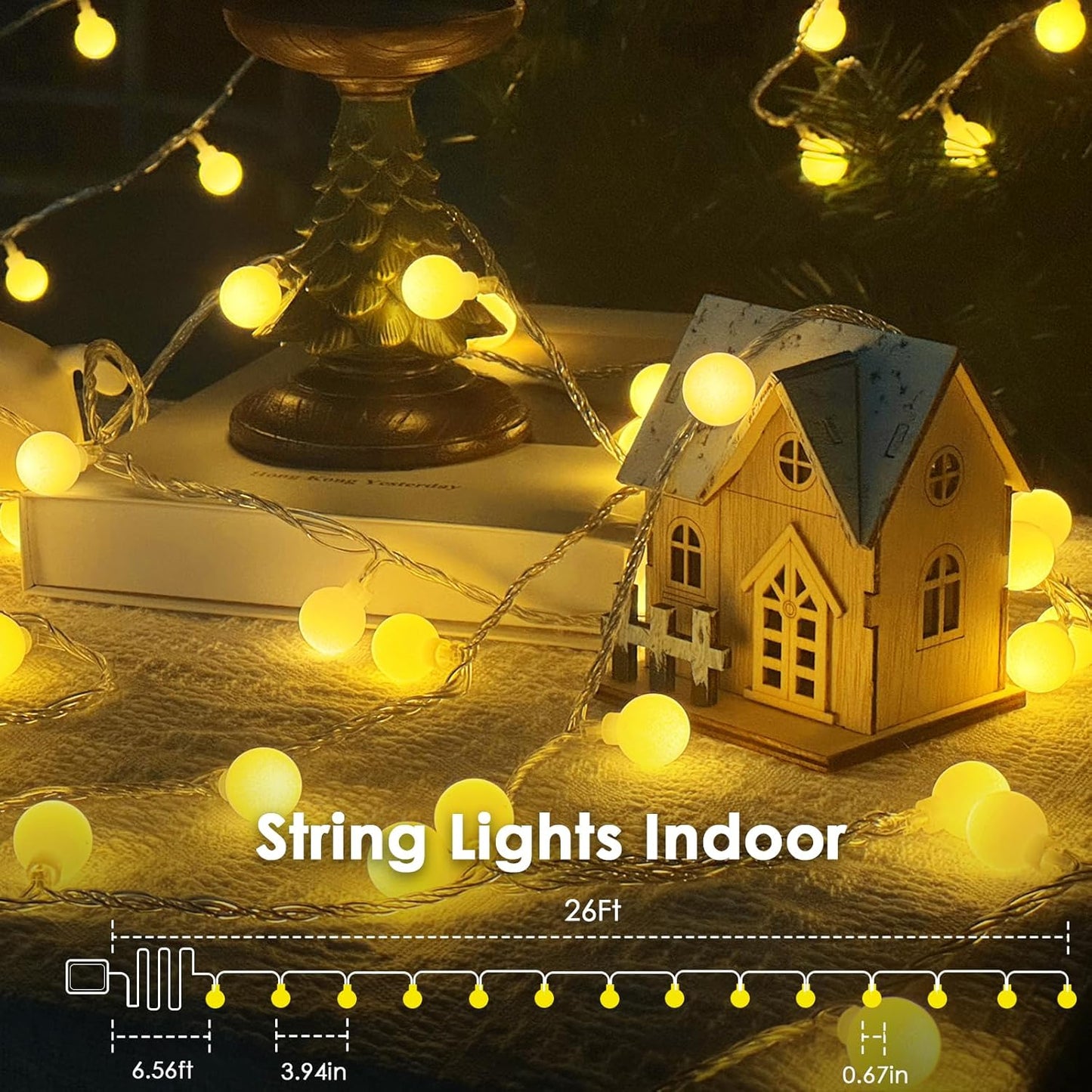 2 Pack Battery Operated String Lights - 52FT 120 LED Globe Fairy Lights with Remote, Waterproof Christmas Light Indoor Outdoor 8 Modes with Timer for Bedroom Classroom Dorm Christmas Decor, Warm White