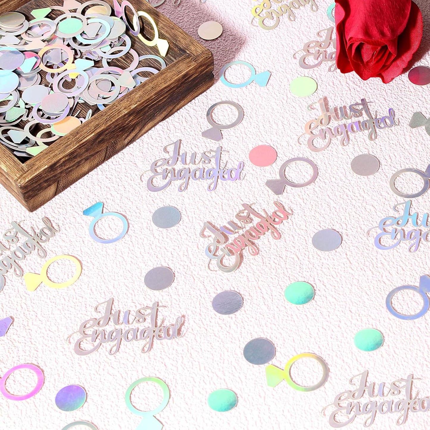230PC Just Engaged Confetti for Engagement Party Decorations, Wedding Tables, Ring Scatters - Iridescent Themed Bridal Shower, Bachelorette, Hen Party Decor