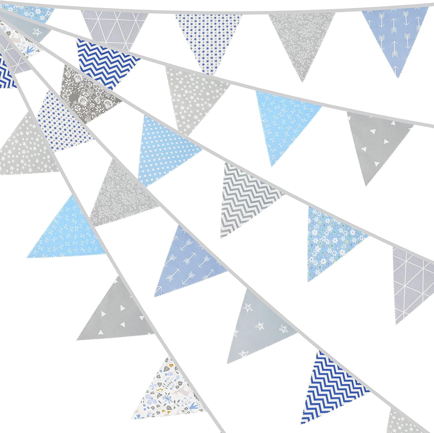 jijAcraft 39Ft Triangle Bunting Banner, 42Pcs Tea Floral Party Bunting Cotton Fabric Flags Pennant Garlands for Birthday Party, Wedding, Baby Shower, Outdoor and Home Decorations (Gray and Blue)