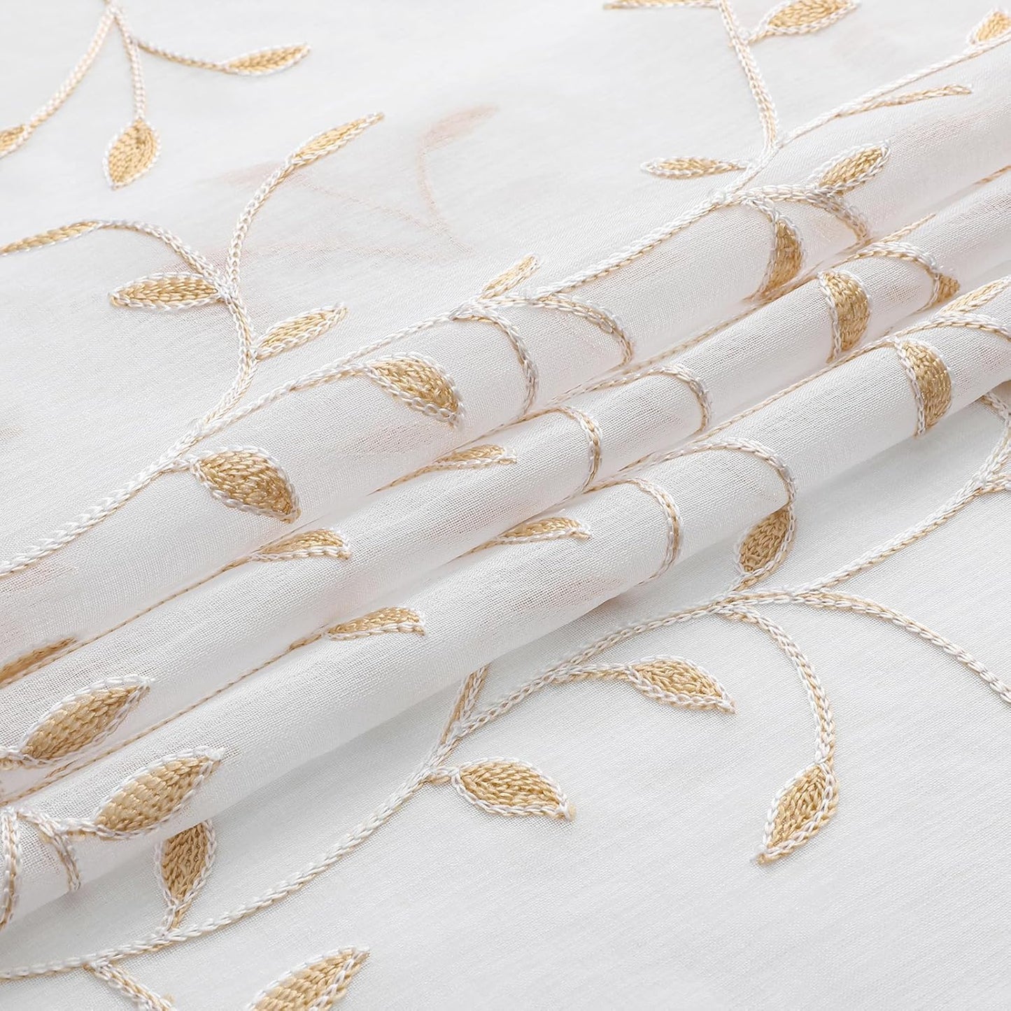 VISIONTEX White Sheer Voile Curtains, Decorative Orange Leaves Embroidery Faux Linen Rod Pocket Window Drapes for Home Kitchen, Living Room and Bedroom 54 x 72 Inch, Set of 2 Curtain Panels