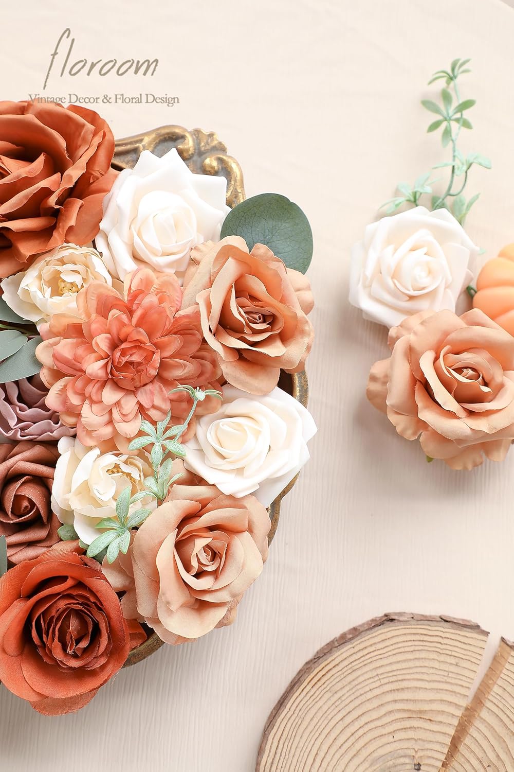 Floroom Terracotta Artificial Flowers Burnt Orange Fake Roses Peonies Dahlia Greenery Combo Box Set for DIY Wedding Bouquets Bridal Shower Centerpieces Floral Arrangements Party Tables Home Decoration