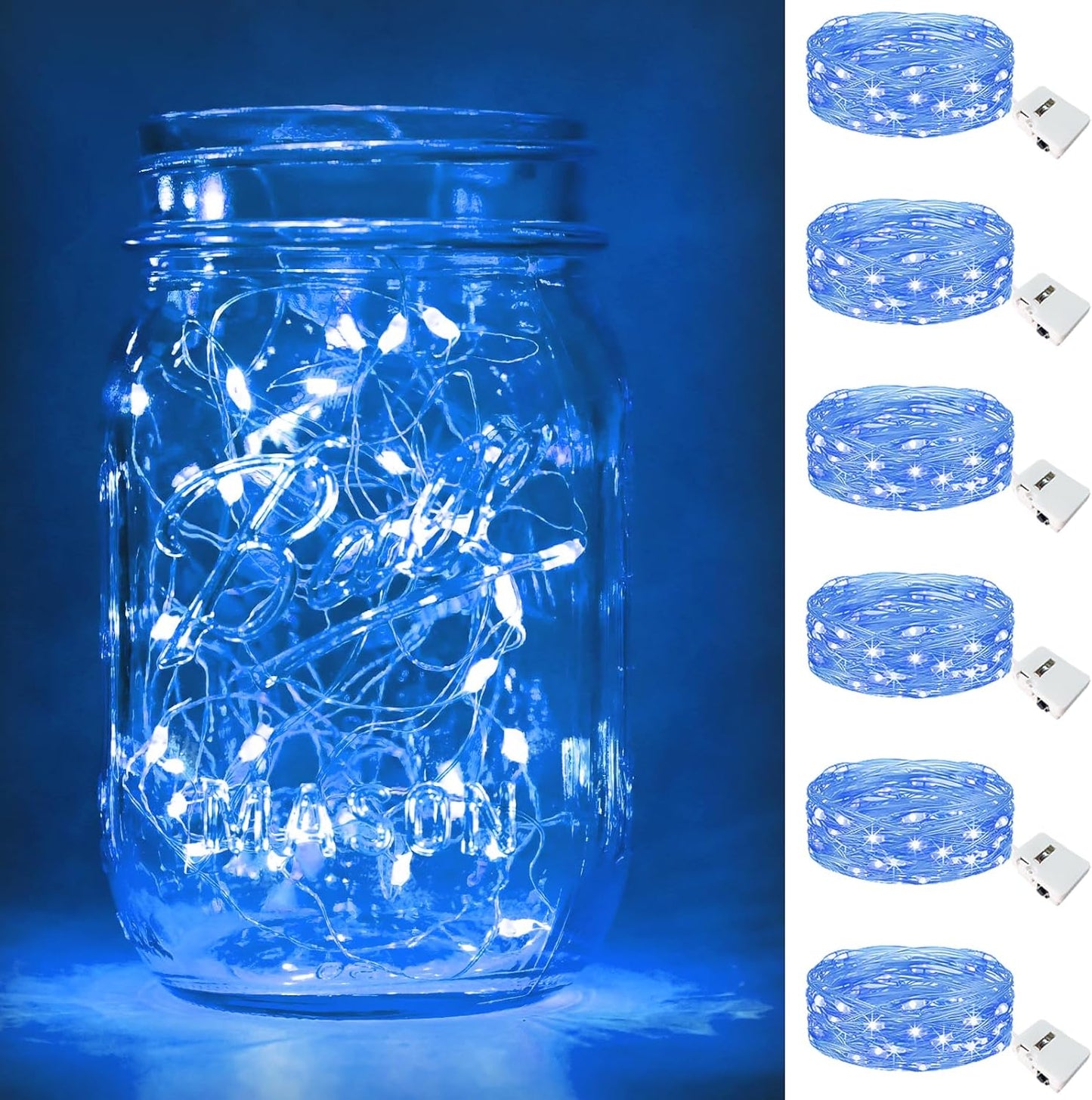 btfarm 6 Pack Fairy Lights Battery Operated [3 Modes], 7ft 20 Led Twinkle Lights String Lights Waterproof Bulk Small Mini Silver Wire for Mason Jars Vases Wedding Table Centerpiece, Blue