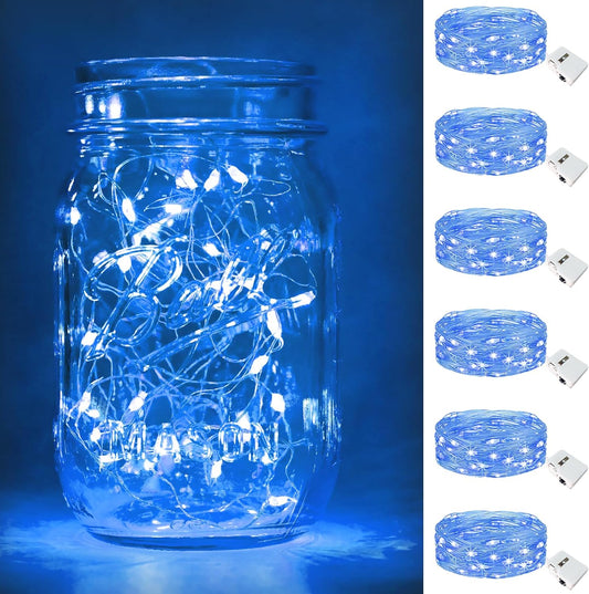 btfarm 6 Pack Fairy Lights Battery Operated [3 Modes], 7ft 20 Led Twinkle Lights String Lights Waterproof Bulk Small Mini Silver Wire for Mason Jars Vases Wedding Table Centerpiece, Blue