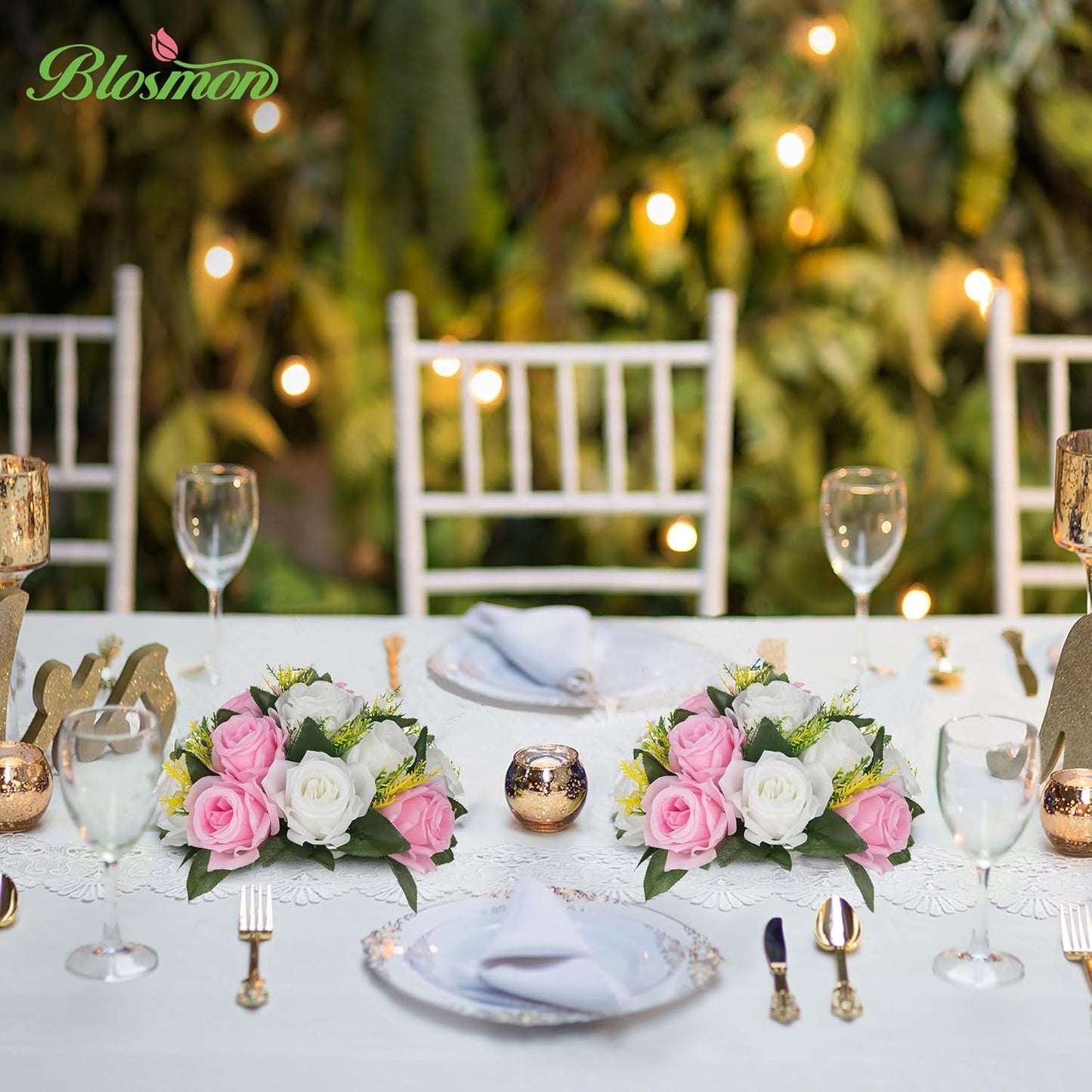 BLOSMON Flower Balls Rose Centerpieces: 10 Pcs Pink White Fake Flowers Kissing Balls Decor Artificial Wedding Floral Arrangements Silk Flower Bouquet with Base Home Party Room Table DIY Decorations