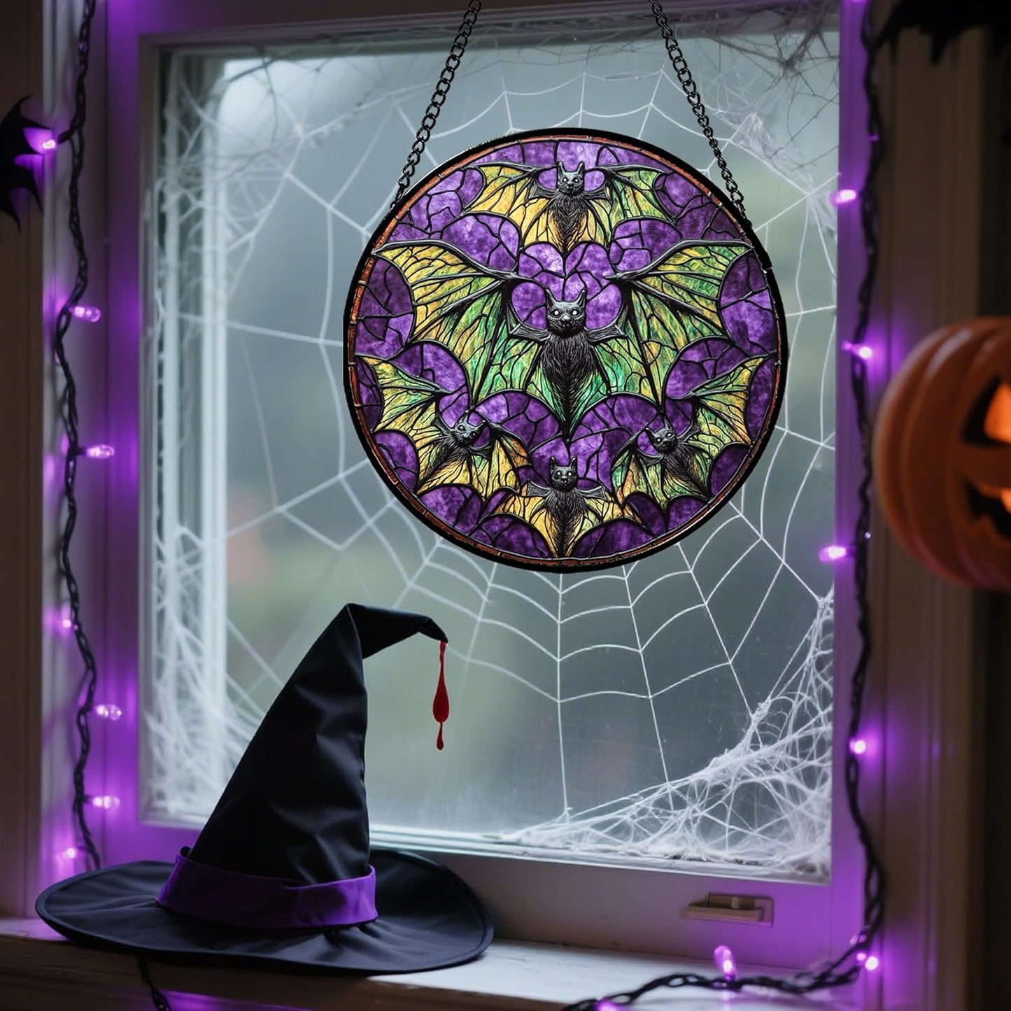 Stained Glass Window Hanging - Halloween Decorations Bats Suncatcher for Doors Garden Indoor Spooky Funny Purple Sun Catchers Gothic Decor Horror Gifts for Women Men Friend 9.8 in
