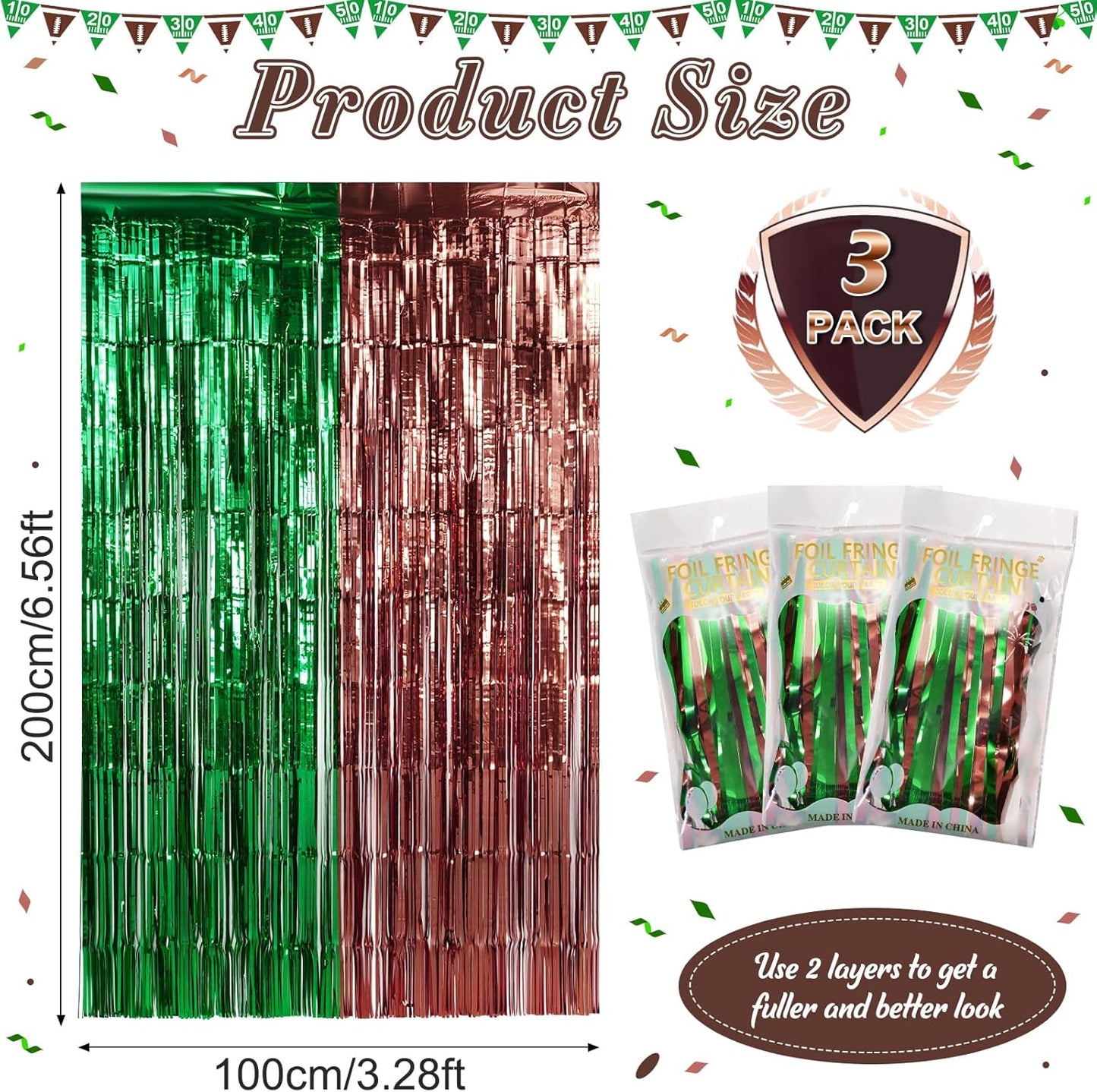 3 Pack 3.3x6.6Ft Superbowl Football Foil Fringe Curtain Backdrop Decorations, Dark Green and Brown Metallic Tinsel Foil Streamers Curtain Photo Background for Superbowl Sports Football Birthday Party