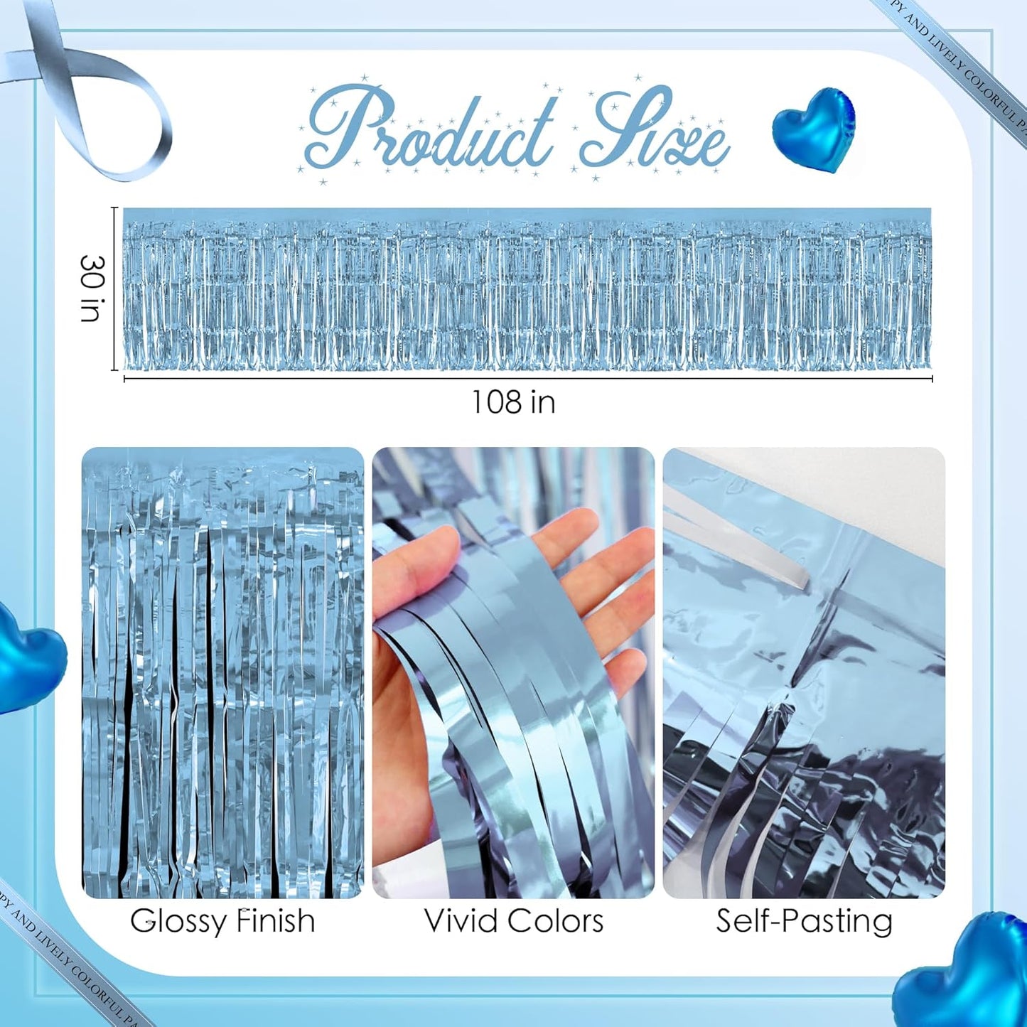 2 Pack Light Blue Lake Blue Table Skirts, 29x108" Metallic Foil Tinsel Fringe Table Skirt for Rectangle Tables Streamer Curtains Backdrop, Party Decorations for Birthdays, Weddings, Holidays