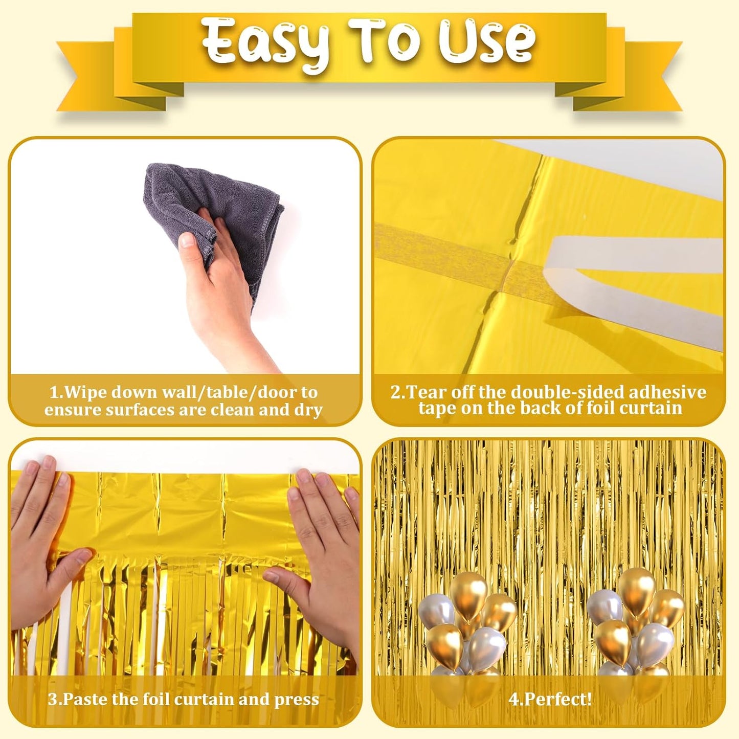 2 Pack Gold Foil Fringe Backdrop Curtains, Tinsel Streamers Birthday Party Decorations, Fringe Backdrop for Graduation, Baby Shower, Gender Reveal, Disco Party