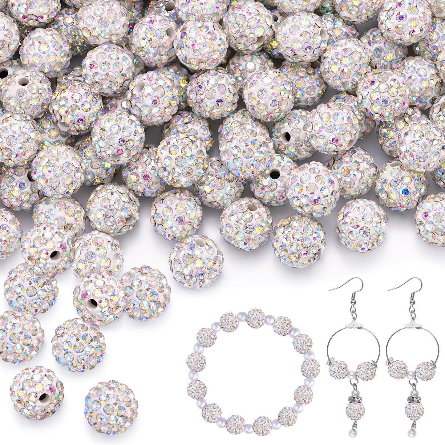 100 pcs 10mm Rhinestone Beads for Jewelry Making, Crystal AB Shiny Round Shamballa Disco Beads Bulk, Sparkle Crystal Clay Christmas for Bracelet Baseball Necklace Earring Crafting and DIY