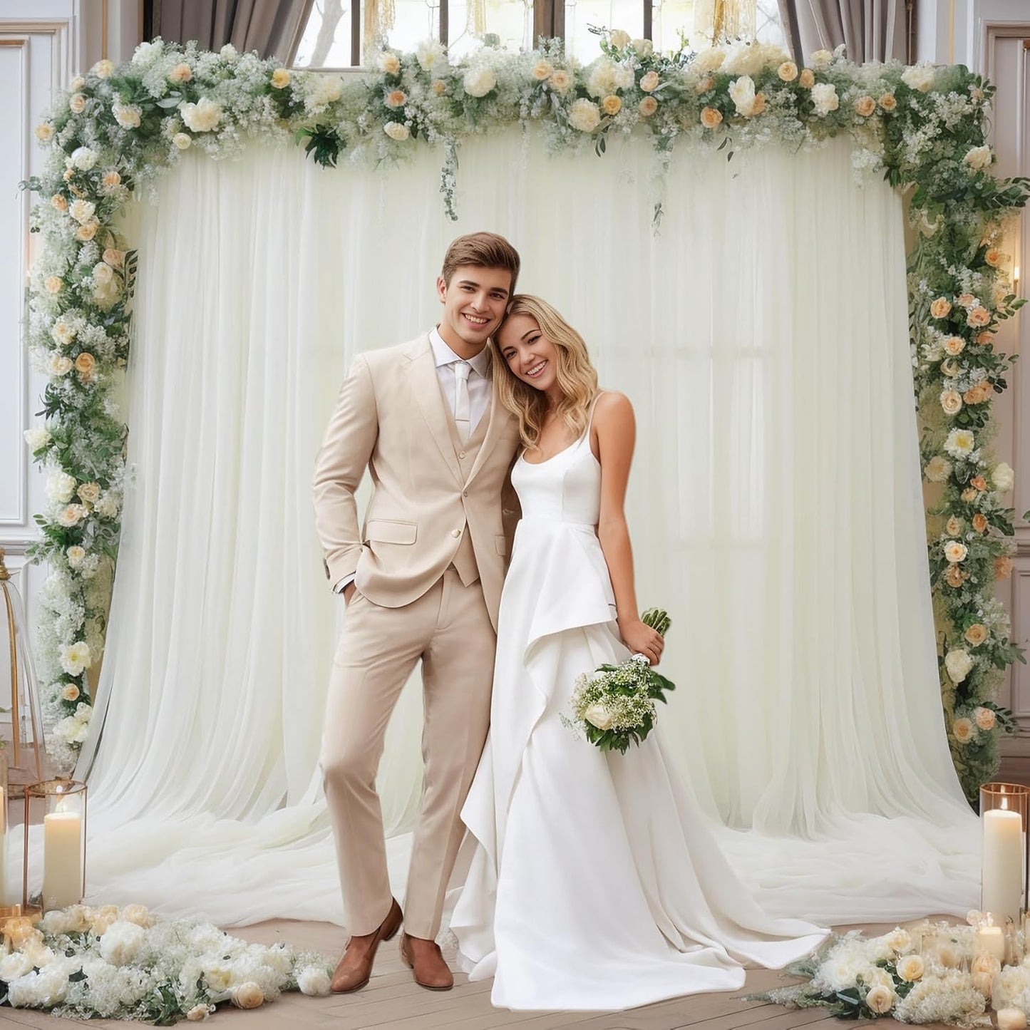 PARTISKY 20ft X 10ft Ivory Tulle Backdrop Curtain for Parites, Sheer Backdrop Curtains Fabric Drapes for Wedding Ceremony Arch Party Stage Decorations