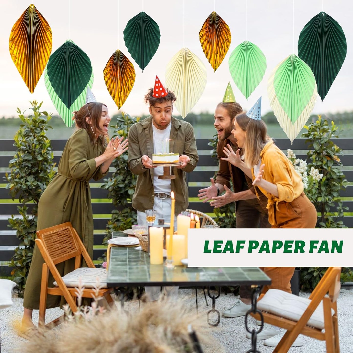 ADLKGG Green Gold Hanging Paper Leaves Wall Backdrop Decor, Paper Palm Leaves Fan Party Decorations for Forest Birthday Party Tropical Jungle Theme Classroom Decor, 12pcs