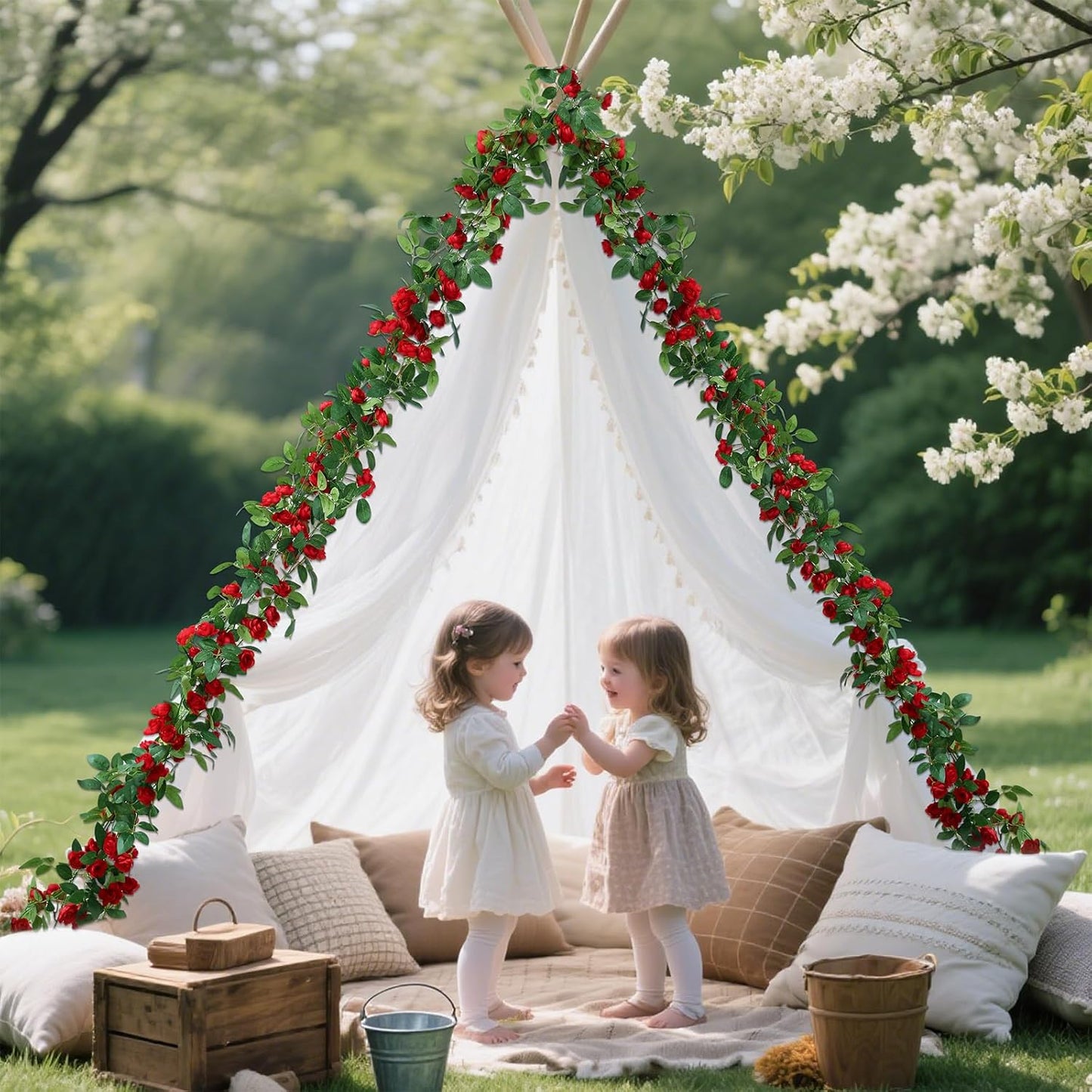 4 Packs Artificial Rose Garland: 31.48Ft Each Fake Flower Vine with Improved Color & 10 Ties for Wedding Arch Backdrop, Home Wall Party Decor, Christmas Decor, Red