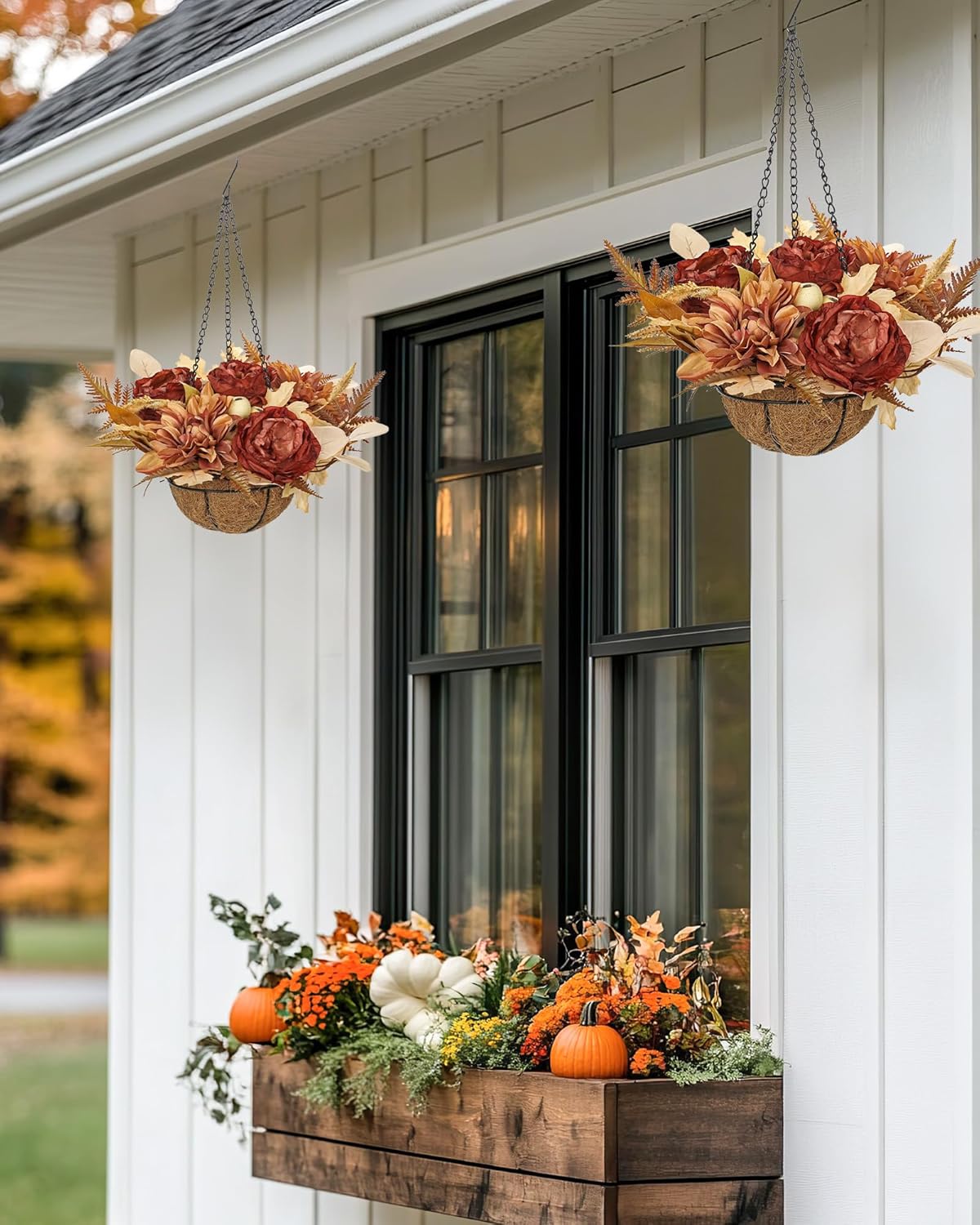 Hollyone Fall Hanging Baskets Peonies Artificial Flowers Fall Hanging Decor Peonies Flowers Faux Plants Baskets for Indoor Outdoor Fake Peony for Porch Patio Garden Autumn Decorations for Home