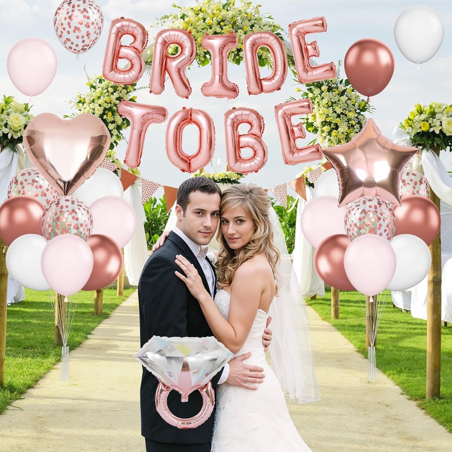 Rose Gold Bachelorette Party Decorations, Bride To Be Bridal Shower Balloons Decorations, Pink White Rose Gold Confetti Balloons and Diamond Ring Star Heart Balloon for Bachelorette Engagement Wedding