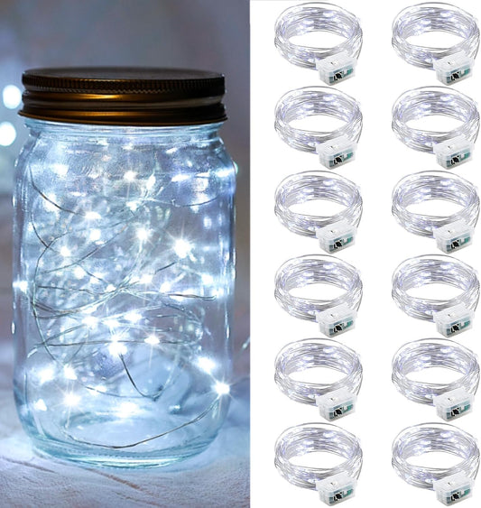 12 Pack White Fairy Lights 7Ft 20 LED Twinkle String Lights 3 Modes Battery Operated Waterproof Firefly Starry for Mason Jar Party Wedding Christmas Valentines Day Table Centerpieces,Cold White