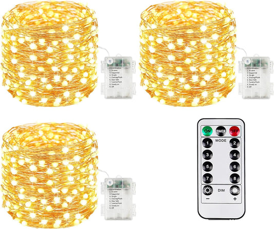 3Pack 99Ft 300LED Fairy Lights Battery Operated with Remote, Waterproof String Lights with Timer for Indoor & Outdoor, Twinkle Lights Battery Powered for Bedroom Wedding Christmas Decor (Warm White)