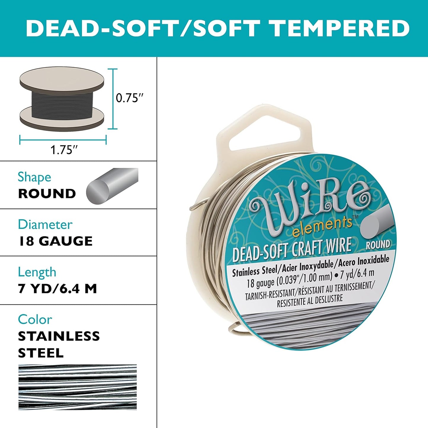The Beadsmith Wire Elements Craft Wire – Tarnish Resistant, Soft Temper, Round, Stainless-Steel Color – 1mm, 18 Gauge, 7 Yard Spool – Jewelry Making, Wire Wrapping, Floral, & Other DIY Crafts