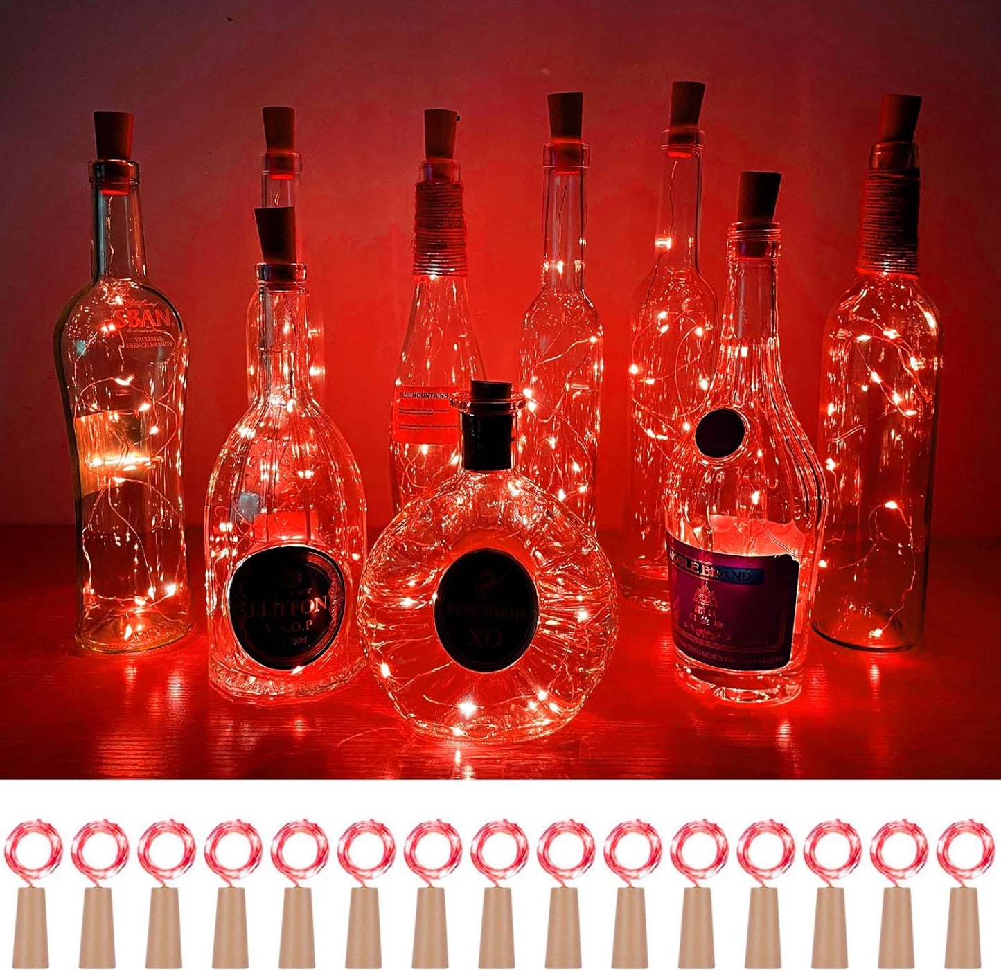 Wine Bottle Cork Lights 15Pack 10 LED 40 Inches Battery Operated Silver Wire Liquor Bottle Fairy Mini String Lights for Party Christmas Halloween Wedding Decoration (Red)